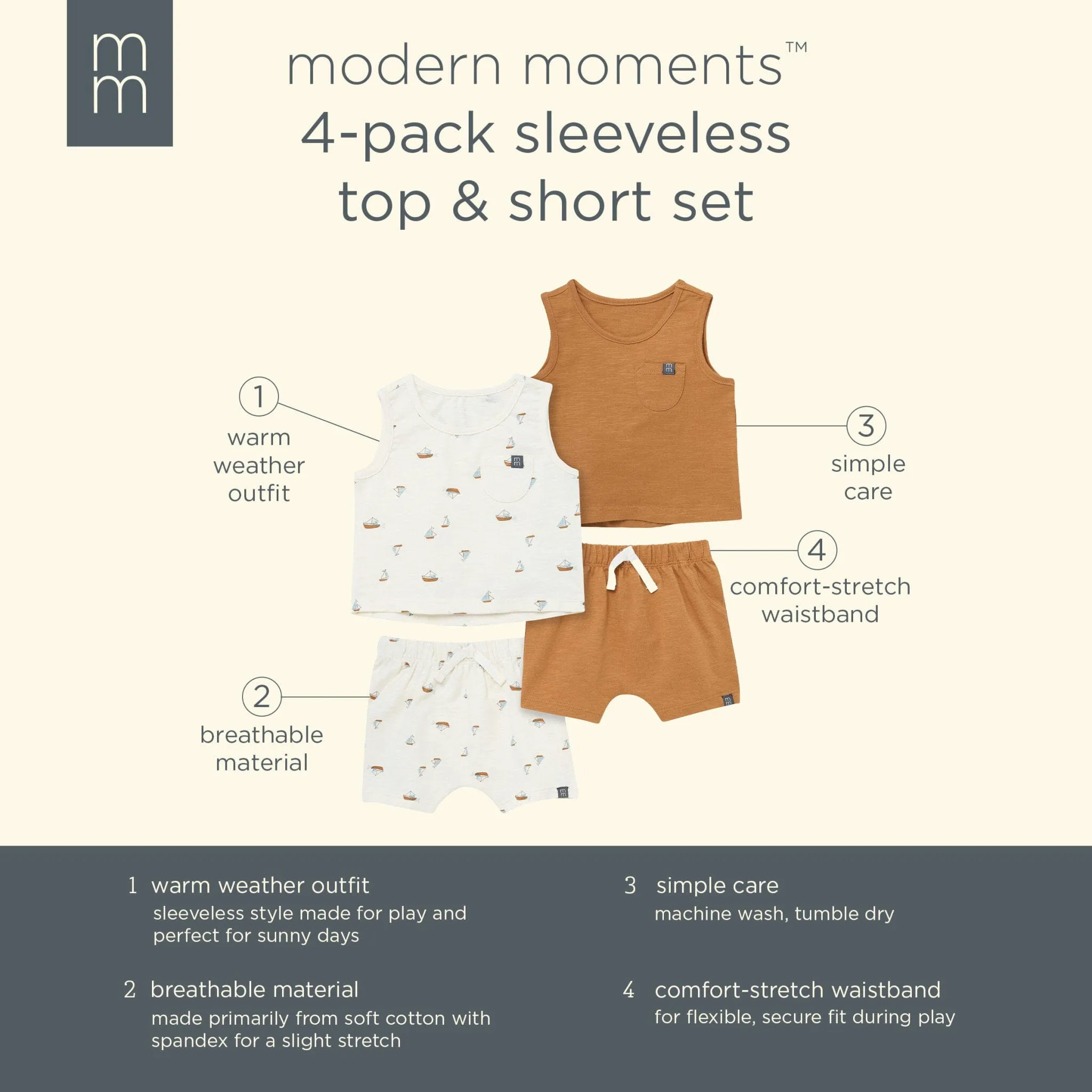 4-Piece Baby Boys Ivory Sailboats Sleeveless Shirts and Shorts Set