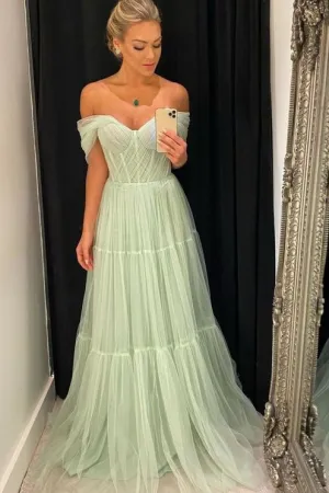 A Line Mint Off the Shoulder Tulle Long Prom Dress Formal Evening Gowns OK1241