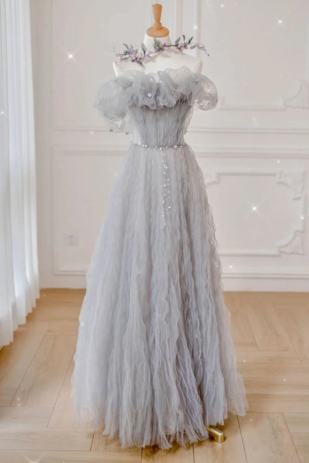 A Line Off the Shoulder Gray Tulle Long Prom Dress Formal Evening Dress OK1176