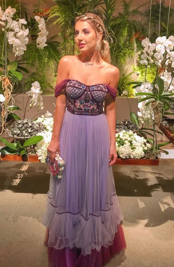 A Line Tulle Long Prom Dress WIth Beading Off the Shouder Evening OK1349