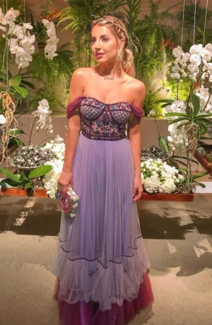 A Line Tulle Long Prom Dress WIth Beading Off the Shouder Evening OK1349