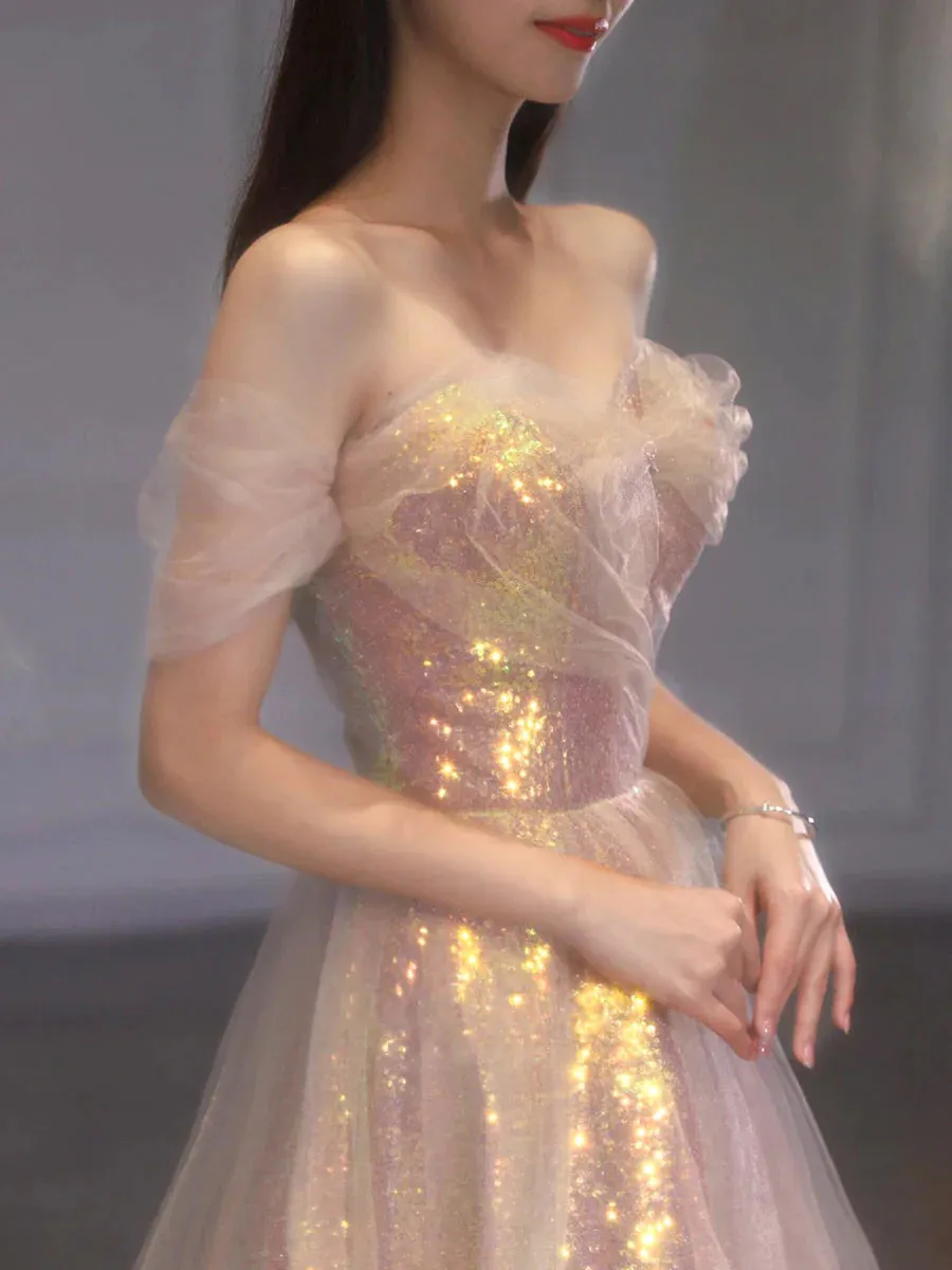 A Line Tulle Sequin Long Prom Dress, Off Shoulder Formal Graduation Dress OK2023