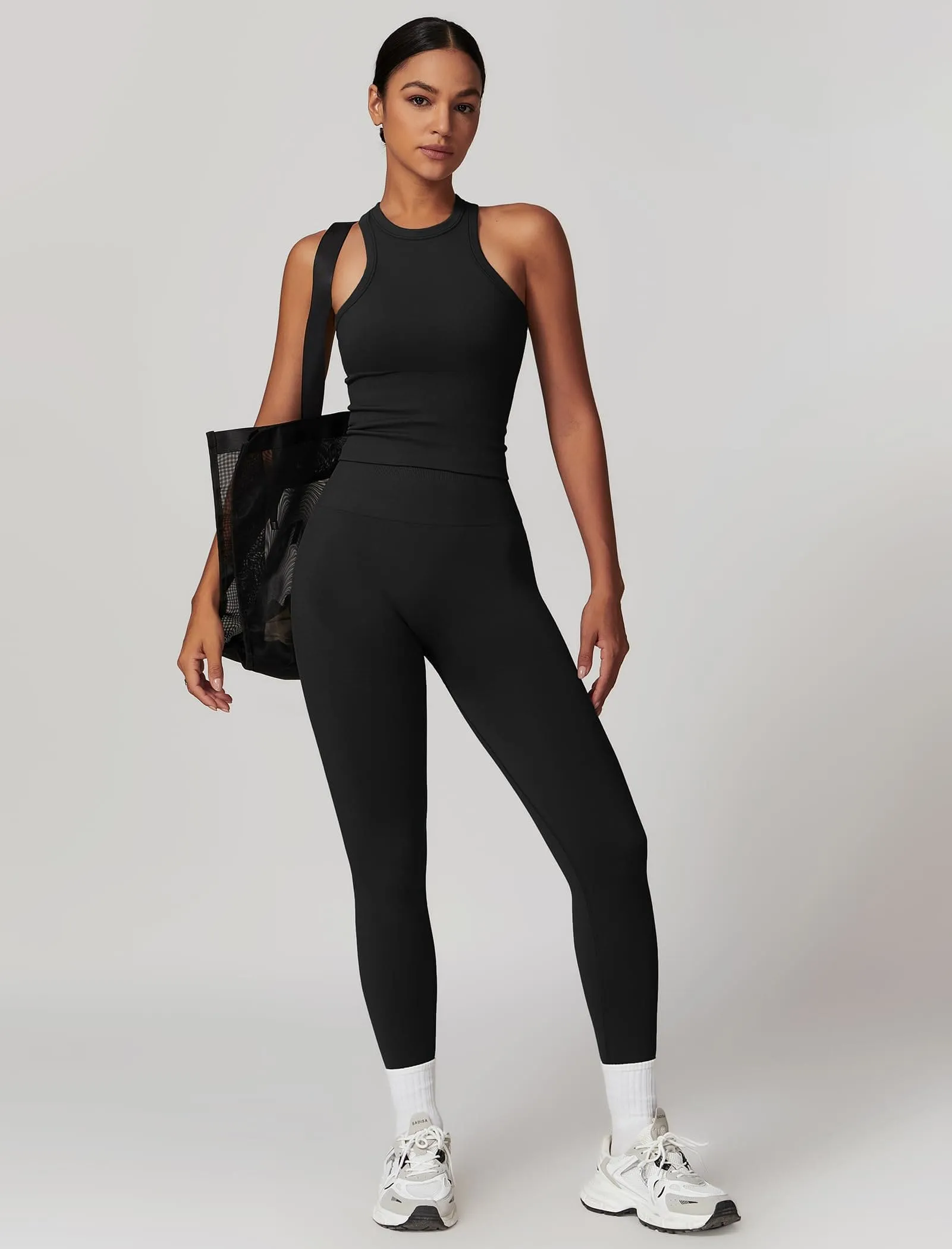 ABOCIW Workout Sets for Women, Ribbed Racerback Tank Top Bra Seamless Scrunch Butt Lifting High Waist Leggings 2 Piece Gym Yoga Outfits Tank Black