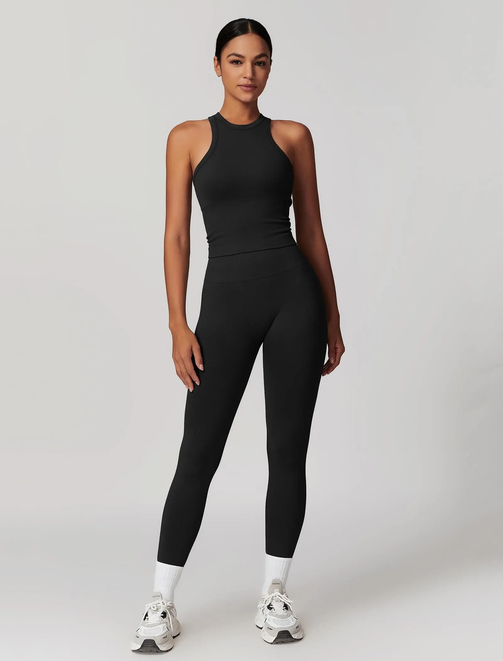 ABOCIW Workout Sets for Women, Ribbed Racerback Tank Top Bra Seamless Scrunch Butt Lifting High Waist Leggings 2 Piece Gym Yoga Outfits Tank Black