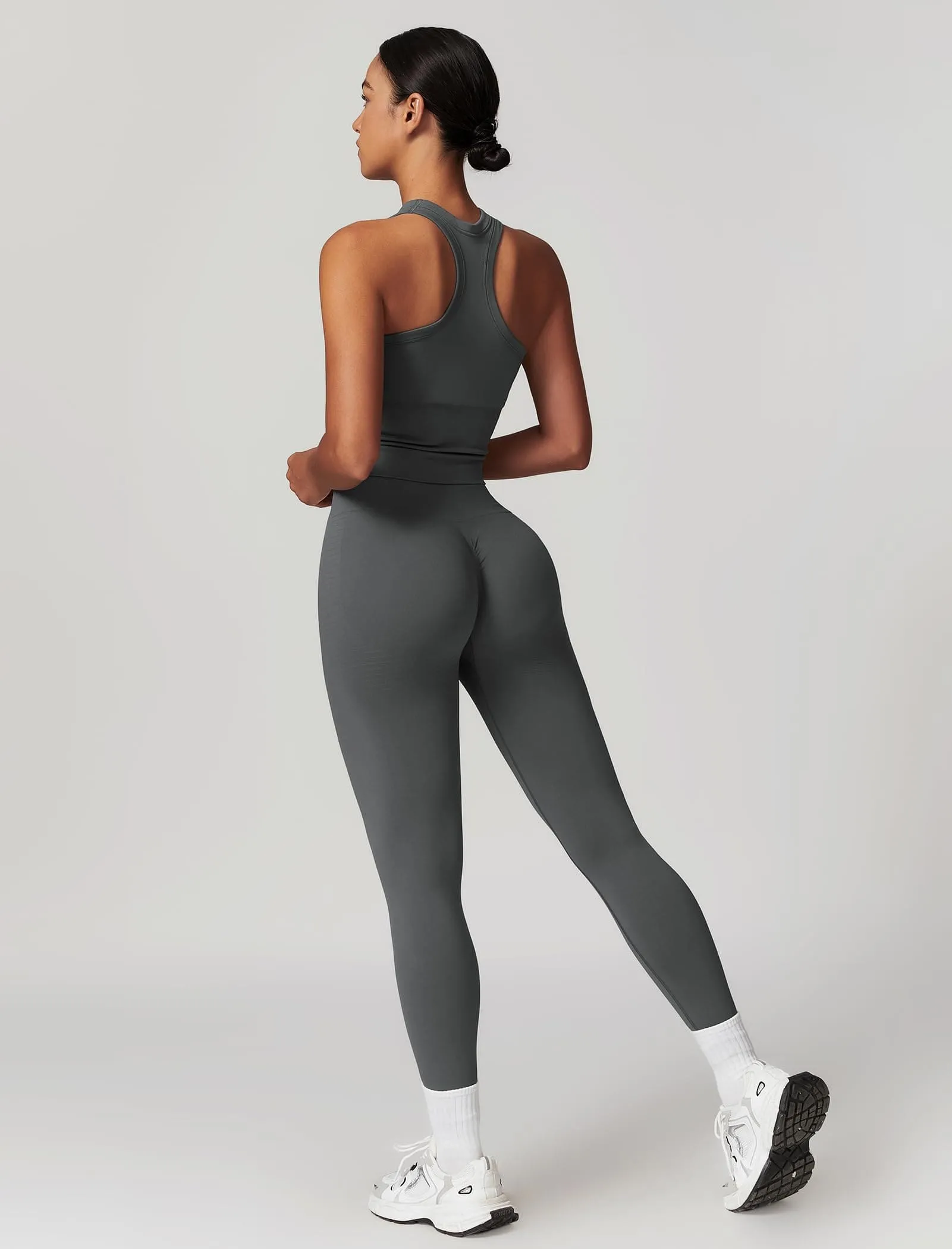 ABOCIW Workout Sets for Women, Ribbed Racerback Tank Top Bra Seamless Scrunch Butt Lifting High Waist Leggings 2 Piece Gym Yoga Outfits Tank Dark Gray