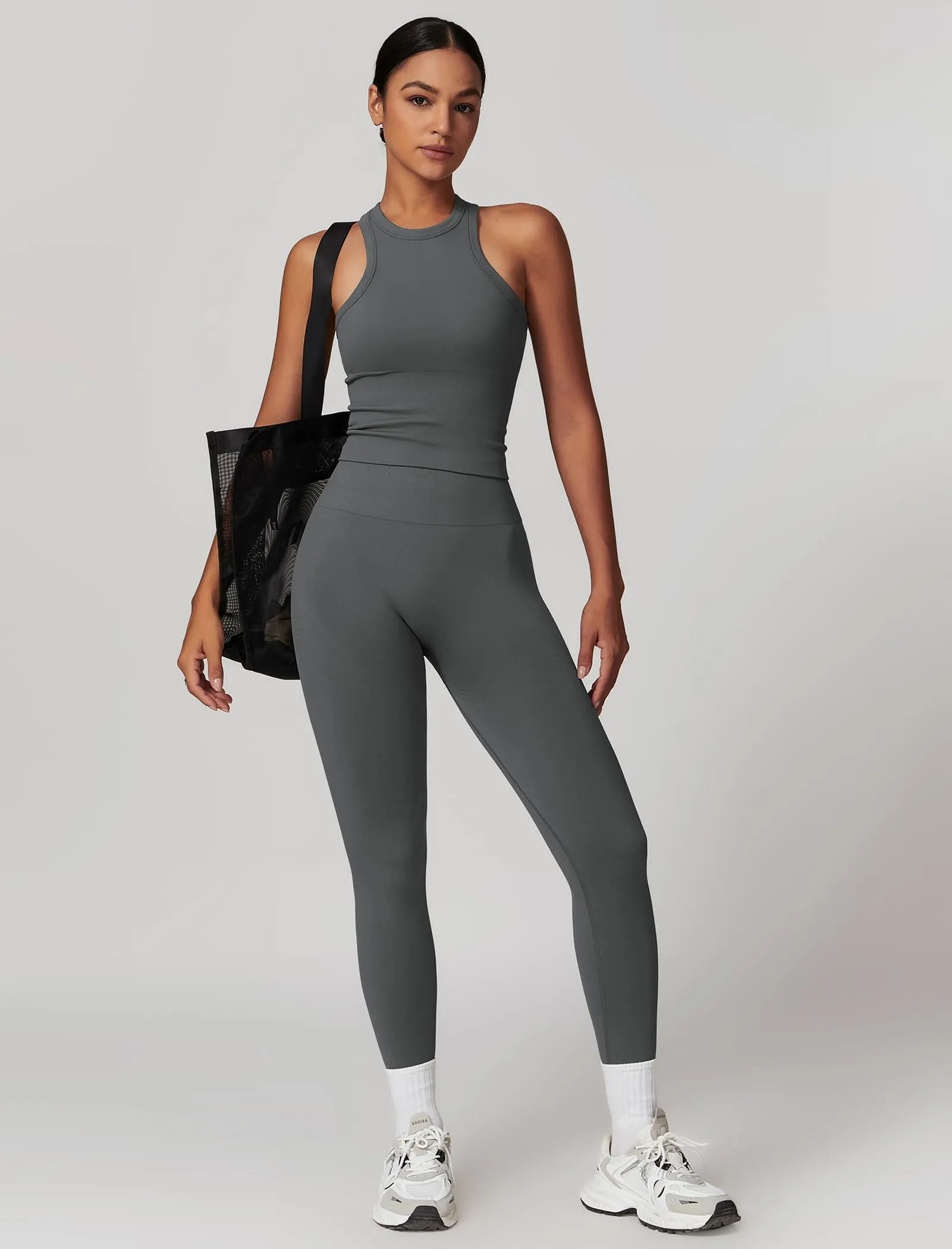 ABOCIW Workout Sets for Women, Ribbed Racerback Tank Top Bra Seamless Scrunch Butt Lifting High Waist Leggings 2 Piece Gym Yoga Outfits Tank Dark Gray