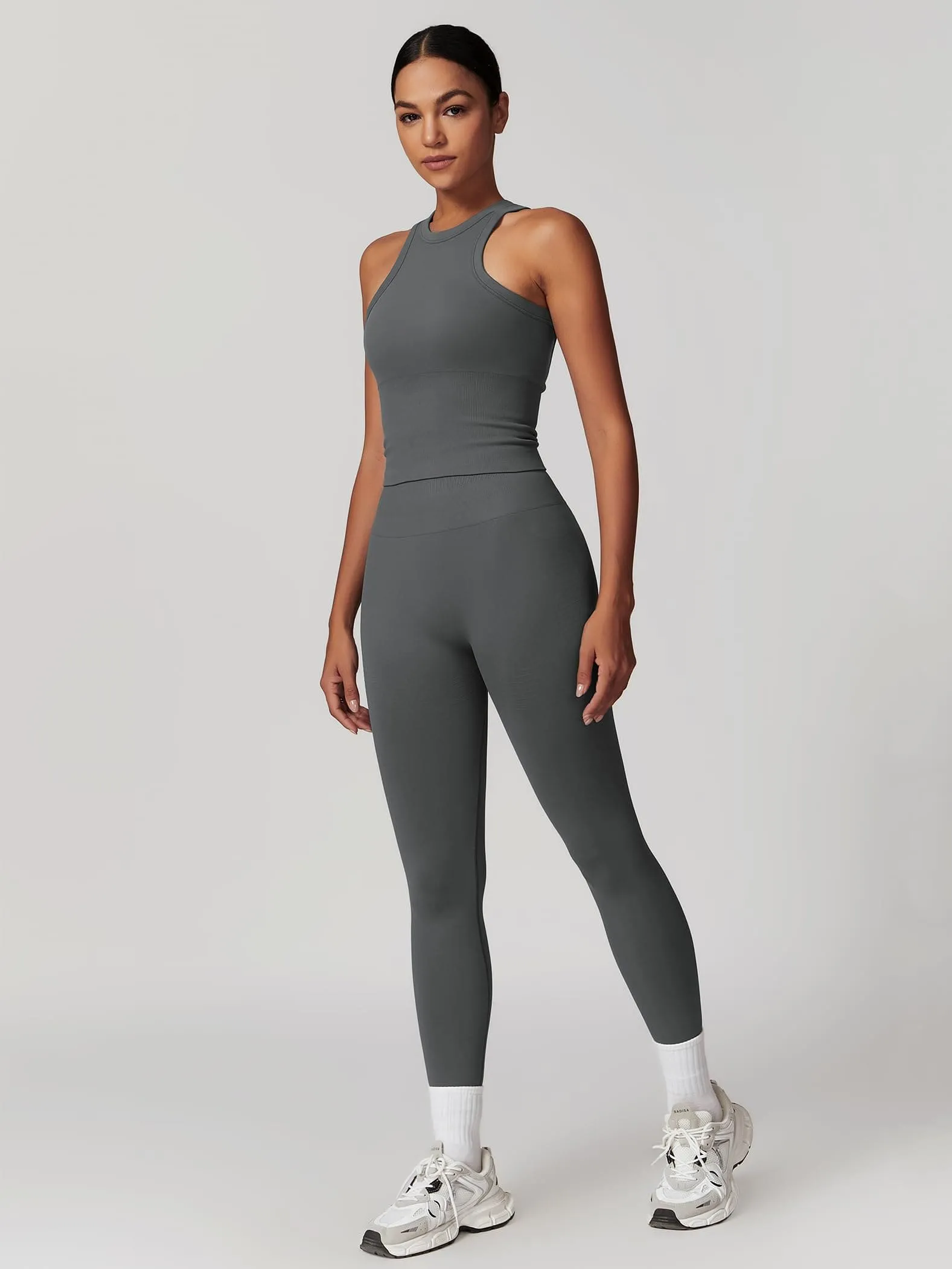 ABOCIW Workout Sets for Women, Ribbed Racerback Tank Top Bra Seamless Scrunch Butt Lifting High Waist Leggings 2 Piece Gym Yoga Outfits Tank Dark Gray