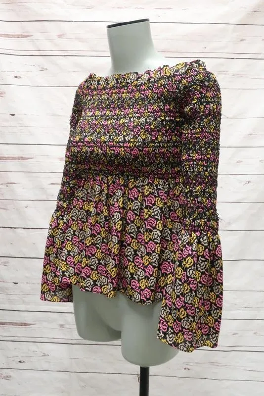 A.L.C. Blouse Agra Pink Floral Print Silk Size 2 Off-Shoulder Bell Sleeve Top