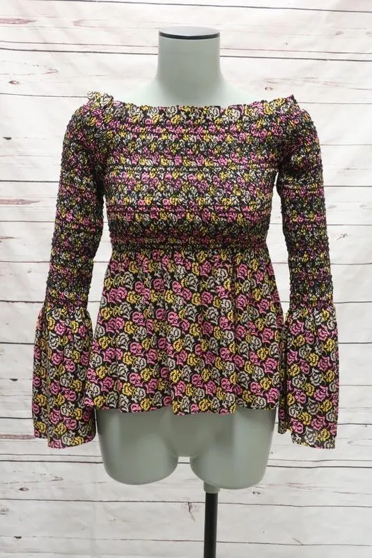 A.L.C. Blouse Agra Pink Floral Print Silk Size 2 Off-Shoulder Bell Sleeve Top