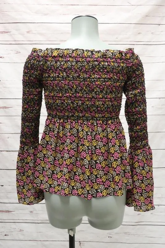 A.L.C. Blouse Agra Pink Floral Print Silk Size 2 Off-Shoulder Bell Sleeve Top