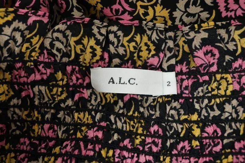 A.L.C. Blouse Agra Pink Floral Print Silk Size 2 Off-Shoulder Bell Sleeve Top