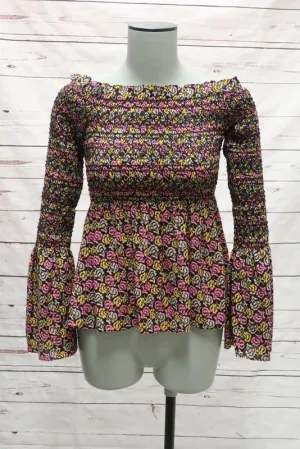 A.L.C. Blouse Agra Pink Floral Print Silk Size 2 Off-Shoulder Bell Sleeve Top