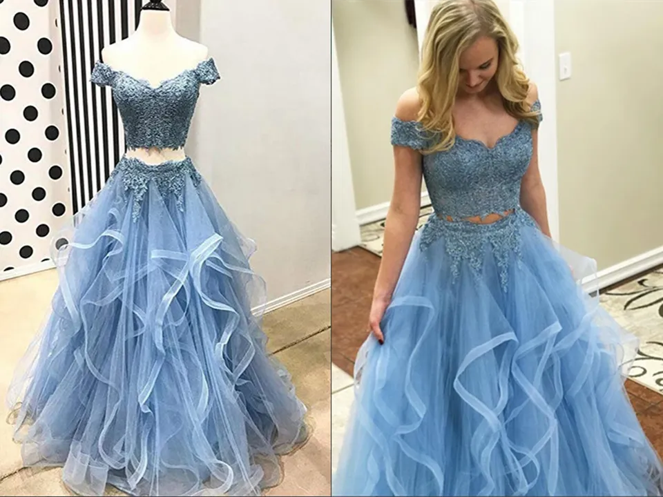 Anneprom Blue Tulle Off Shoulder Two Piece Prom Dresses Lace Formal Dresses APP0444
