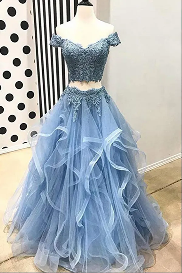 Anneprom Blue Tulle Off Shoulder Two Piece Prom Dresses Lace Formal Dresses APP0444