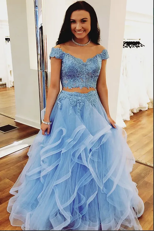 Anneprom Blue Tulle Off Shoulder Two Piece Prom Dresses Lace Formal Dresses APP0444