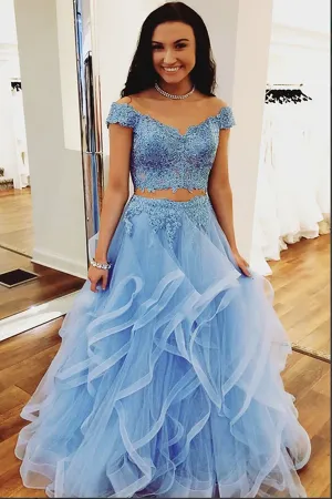 Anneprom Blue Tulle Off Shoulder Two Piece Prom Dresses Lace Formal Dresses APP0444