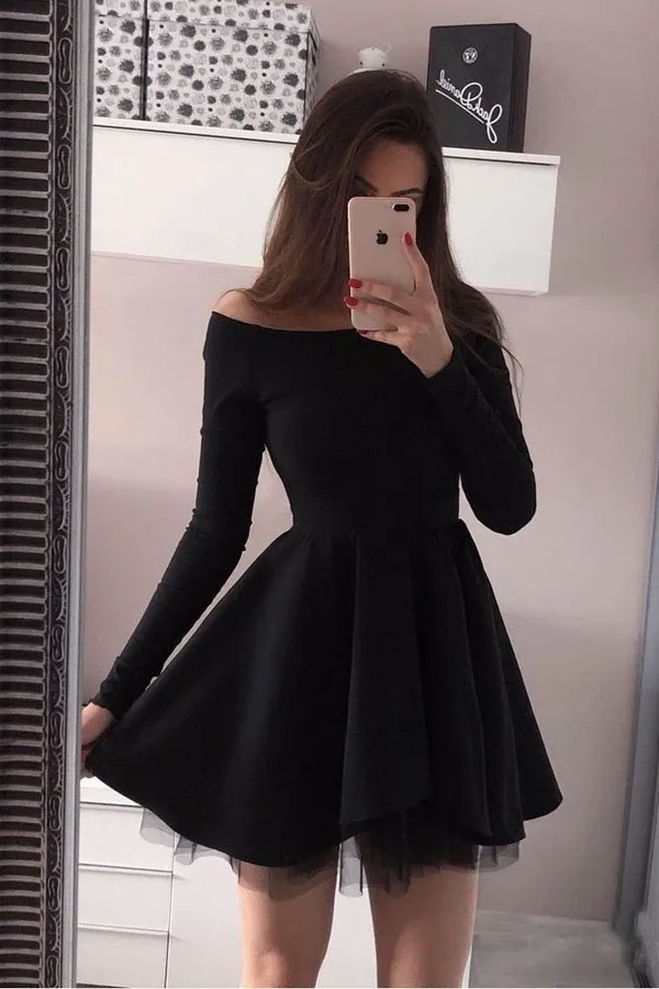 Anneprom Long Sleeve Homecoming Dresses Off The Shoulder Short Prom Dress APH0003