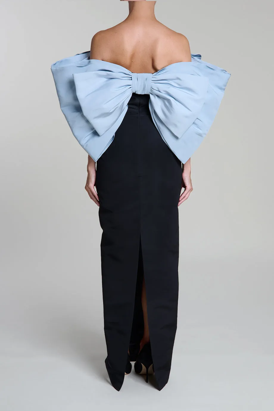 Anniversary Off-The-Shoulder Double Bow Silk Faille Column Gown
