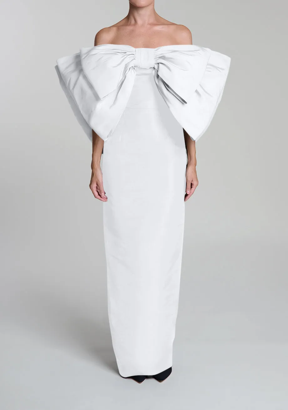 Anniversary Off-The-Shoulder Double Bow Silk Faille Column Gown