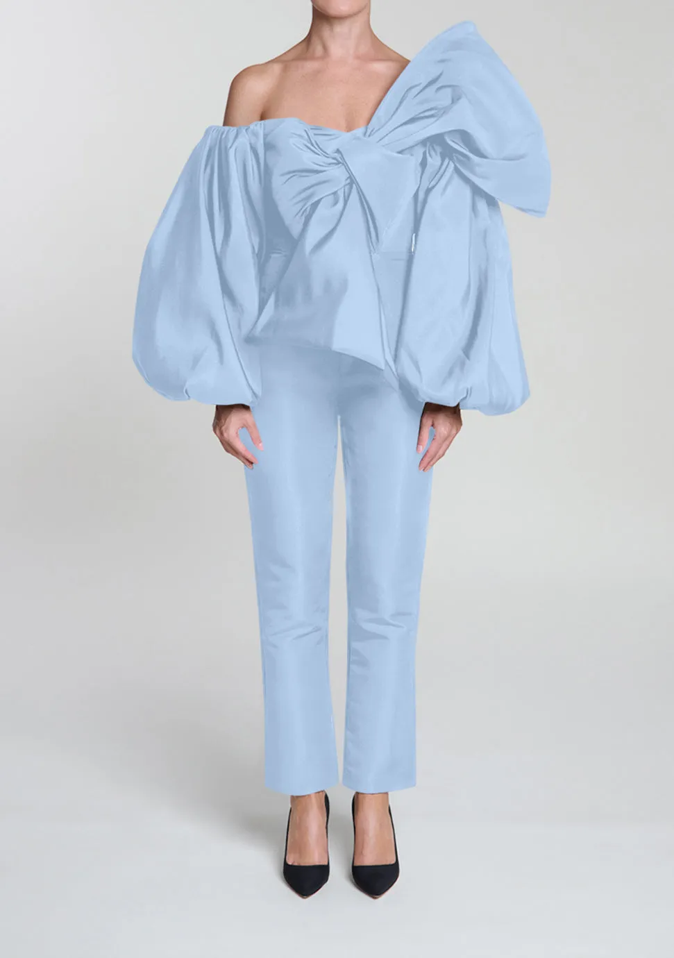 Anniversary Off-The-Shoulder Twisted Bow Silk Faille Jumpsuit with Anniversary Silk Faille Convertible Skirt