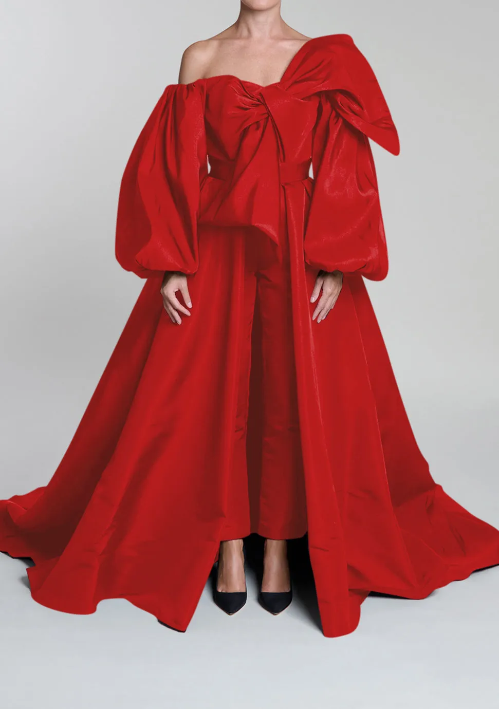 Anniversary Off-The-Shoulder Twisted Bow Silk Faille Jumpsuit with Anniversary Silk Faille Convertible Skirt