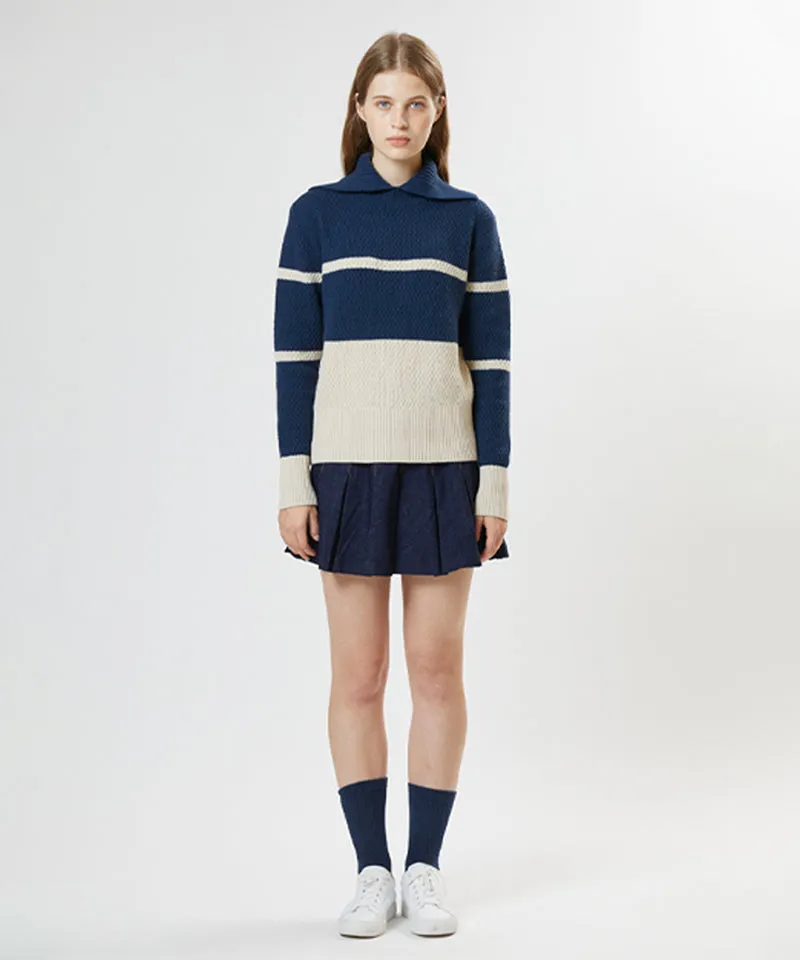 AVEN Color Block Collar Pullover - Teal Blue