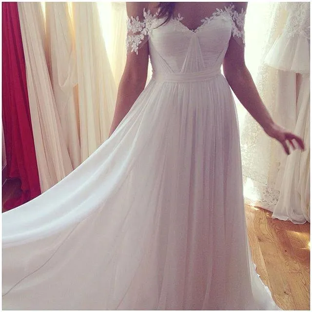 Beach Off Shoulder Lace Appliqued Chiffon Bohemian Wedding Dresses Bridal Gowns, BG51519