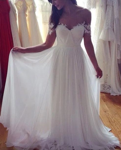 Beach Off Shoulder Lace Appliqued Chiffon Bohemian Wedding Dresses Bridal Gowns, BG51519