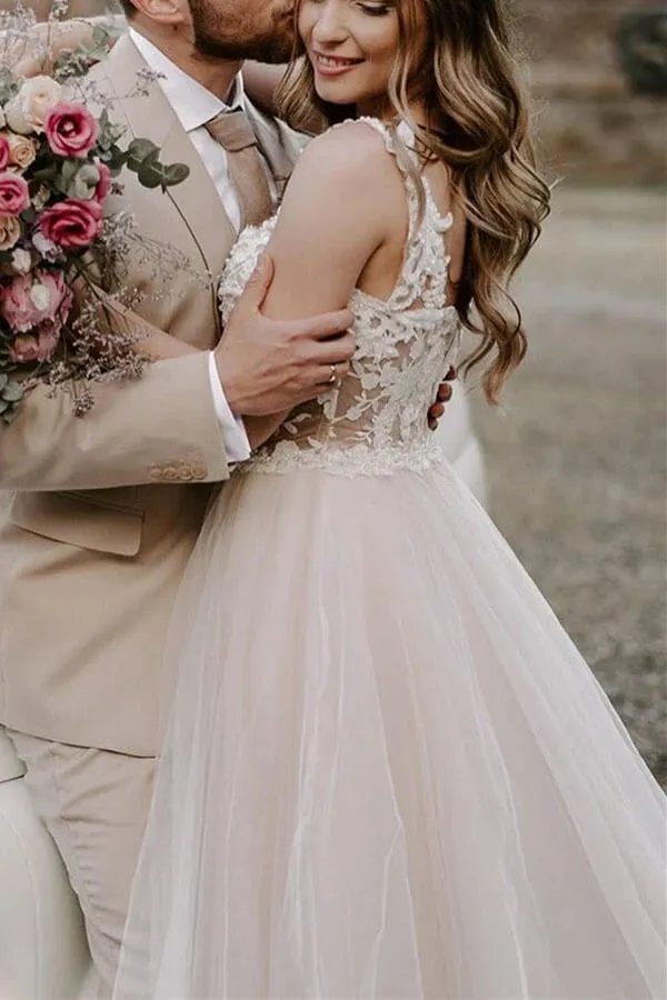 Beautiful Tulle A-line Off the Shoulder Wedding Dress With Lace Appliques OKY34