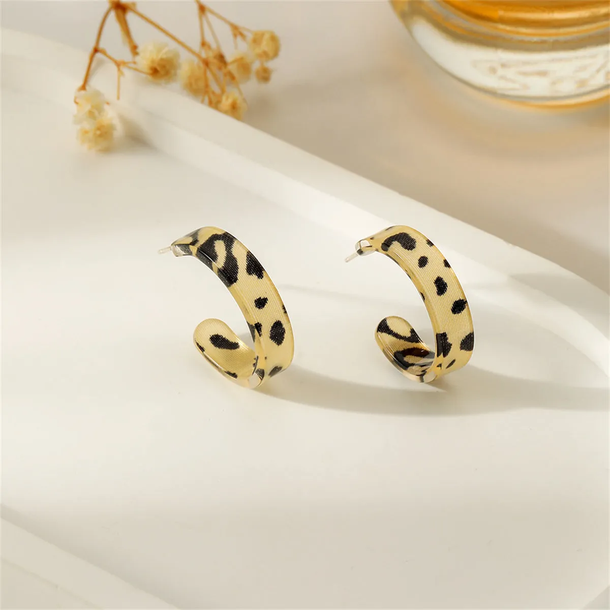 Beige & Black Acrylic Leopard Print Huggie Earrings