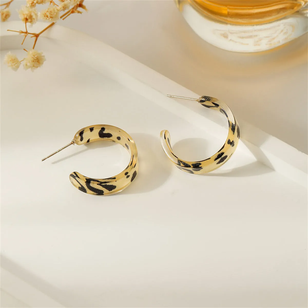Beige & Black Acrylic Leopard Print Huggie Earrings