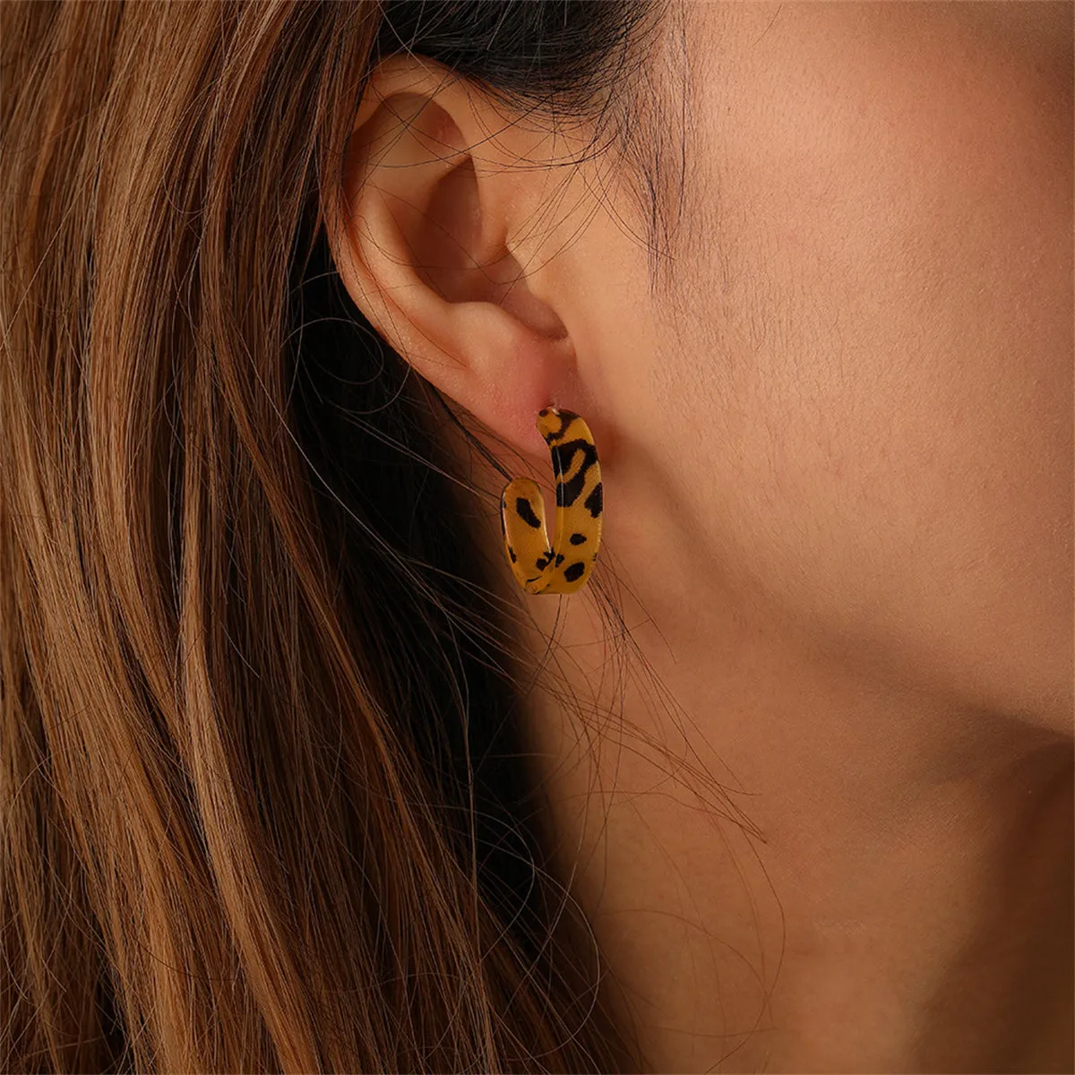 Beige & Black Acrylic Leopard Print Huggie Earrings