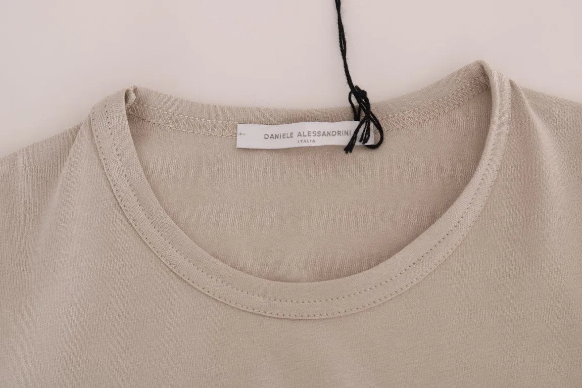 Beige Cotton Stretch Crew-neck T-Shirt