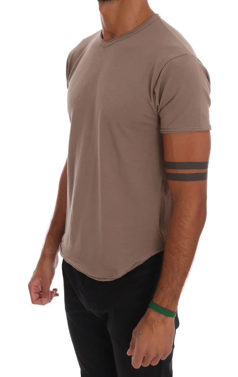 Beige Cotton Stretch V-neck T-Shirt