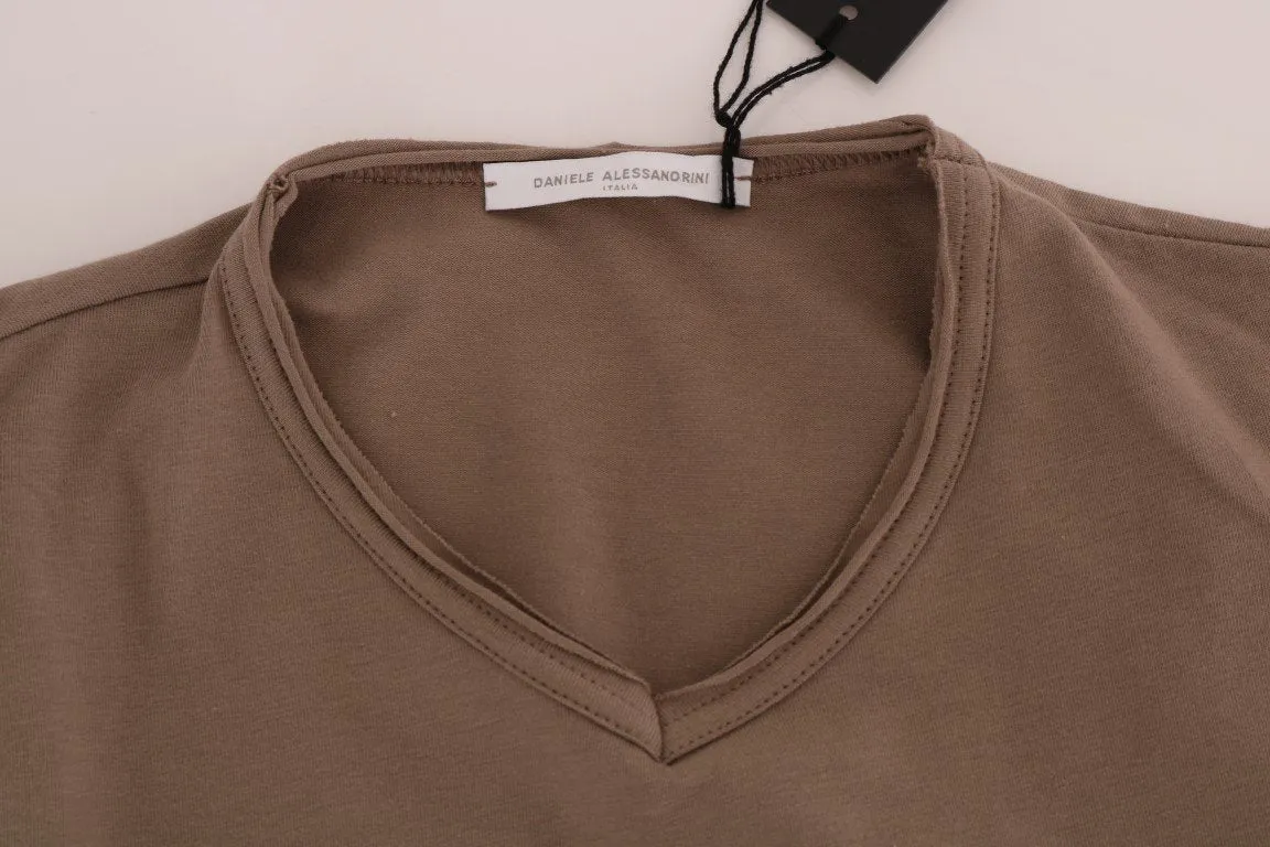 Beige Cotton Stretch V-neck T-Shirt