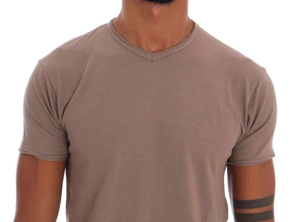 Beige Cotton Stretch V-neck T-Shirt