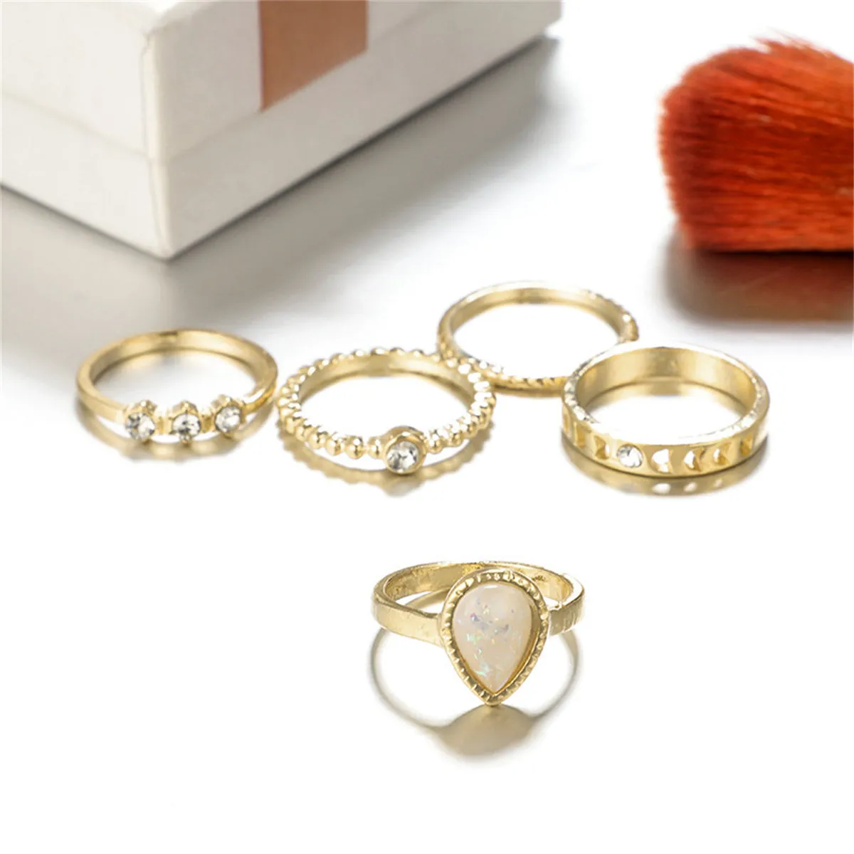 Beige Resin & Cubic Zirconia Milgrain Pear Ring Set