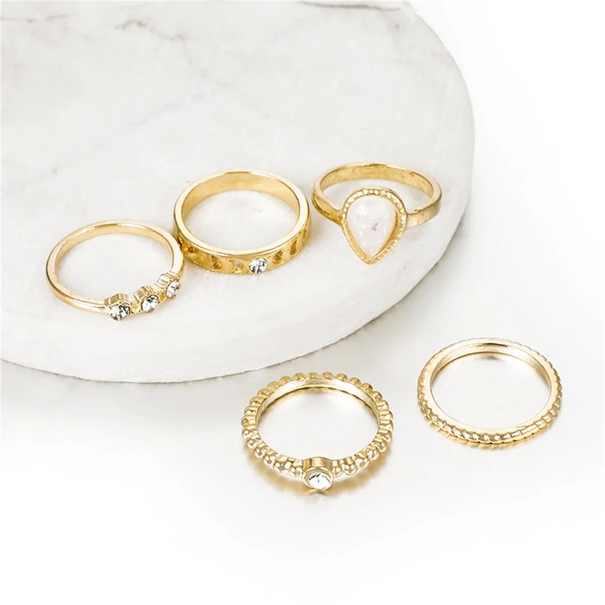 Beige Resin & Cubic Zirconia Milgrain Pear Ring Set