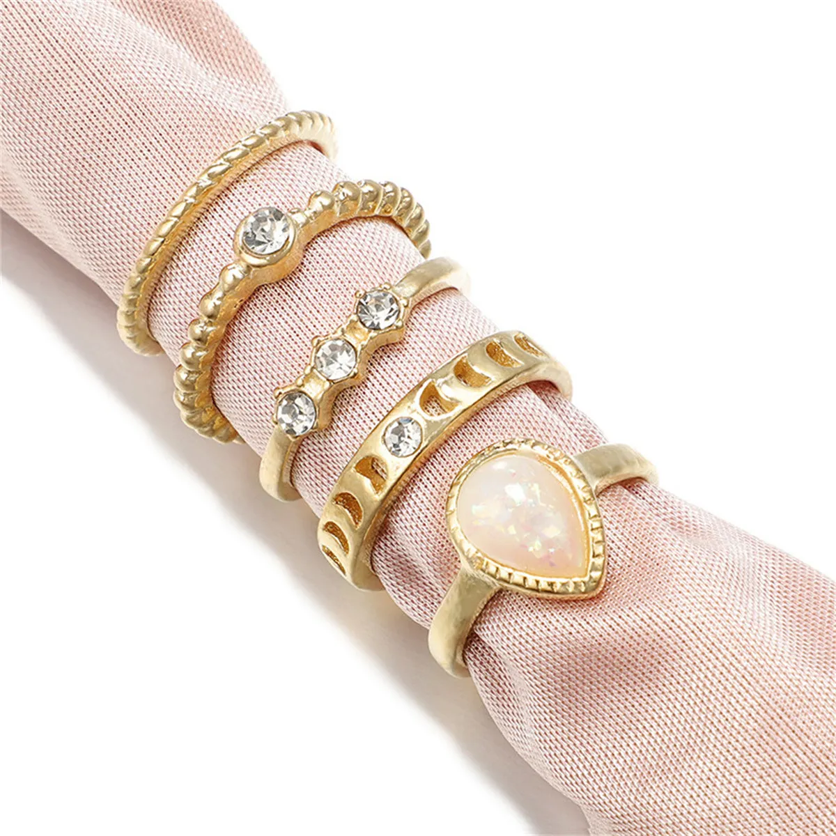 Beige Resin & Cubic Zirconia Milgrain Pear Ring Set
