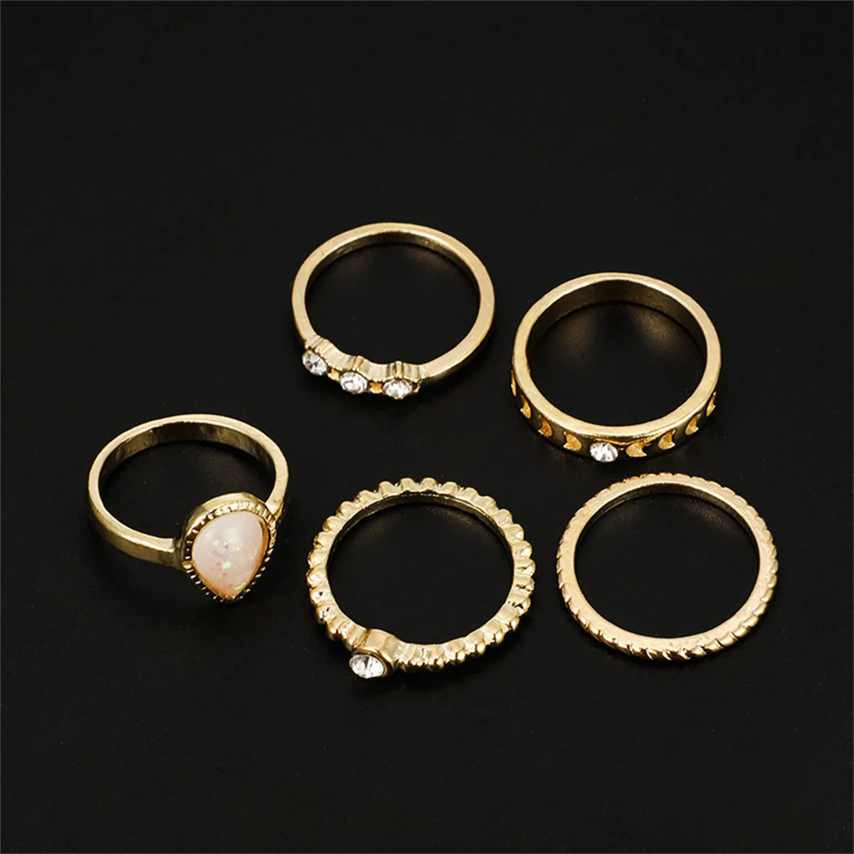 Beige Resin & Cubic Zirconia Milgrain Pear Ring Set
