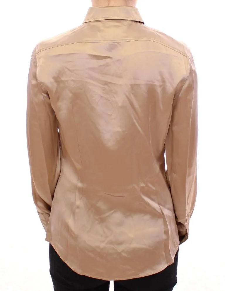 Beige silk pearl button shirt blouse