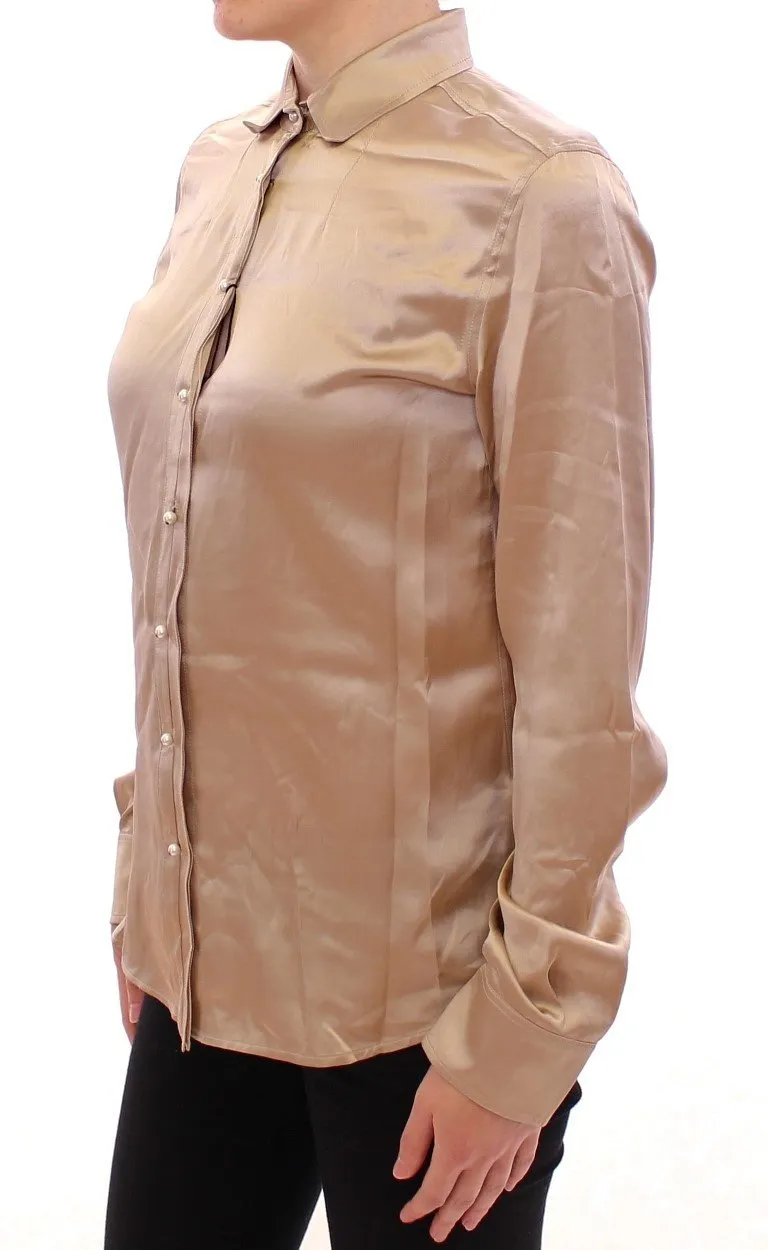 Beige silk pearl button shirt blouse