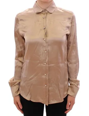 Beige silk pearl button shirt blouse