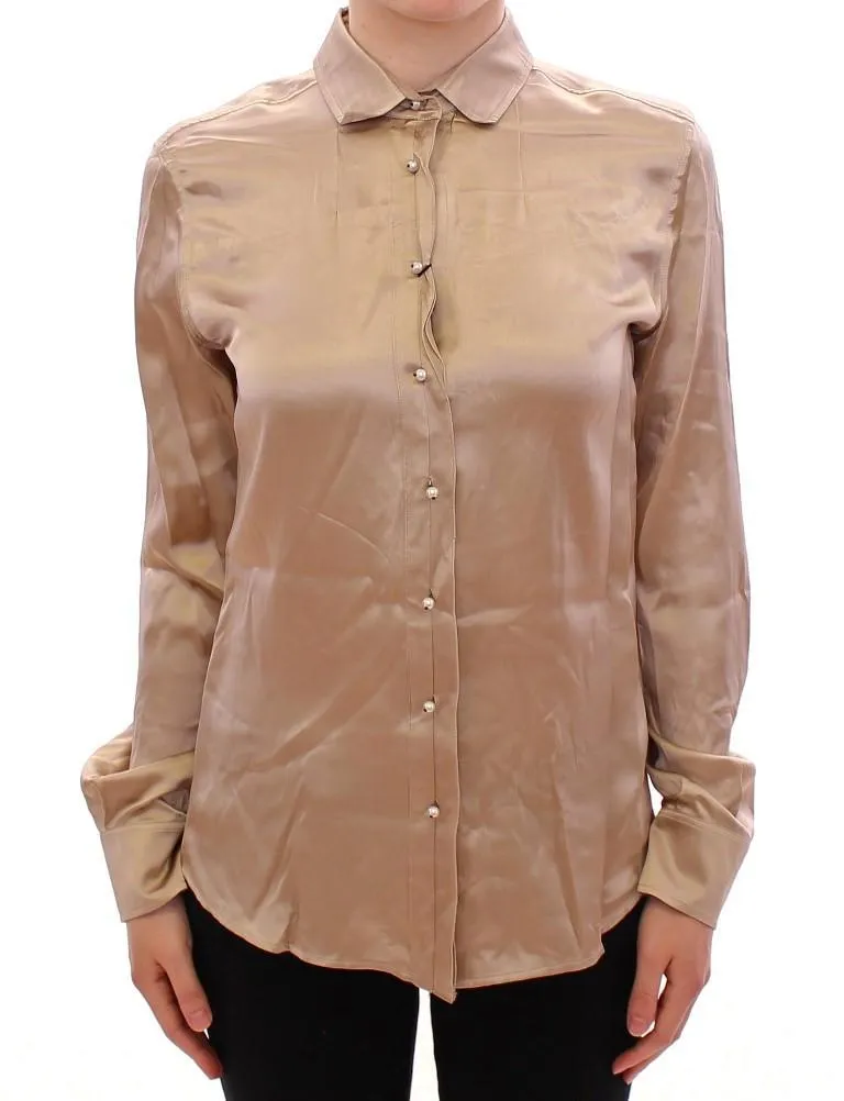 Beige silk pearl button shirt blouse