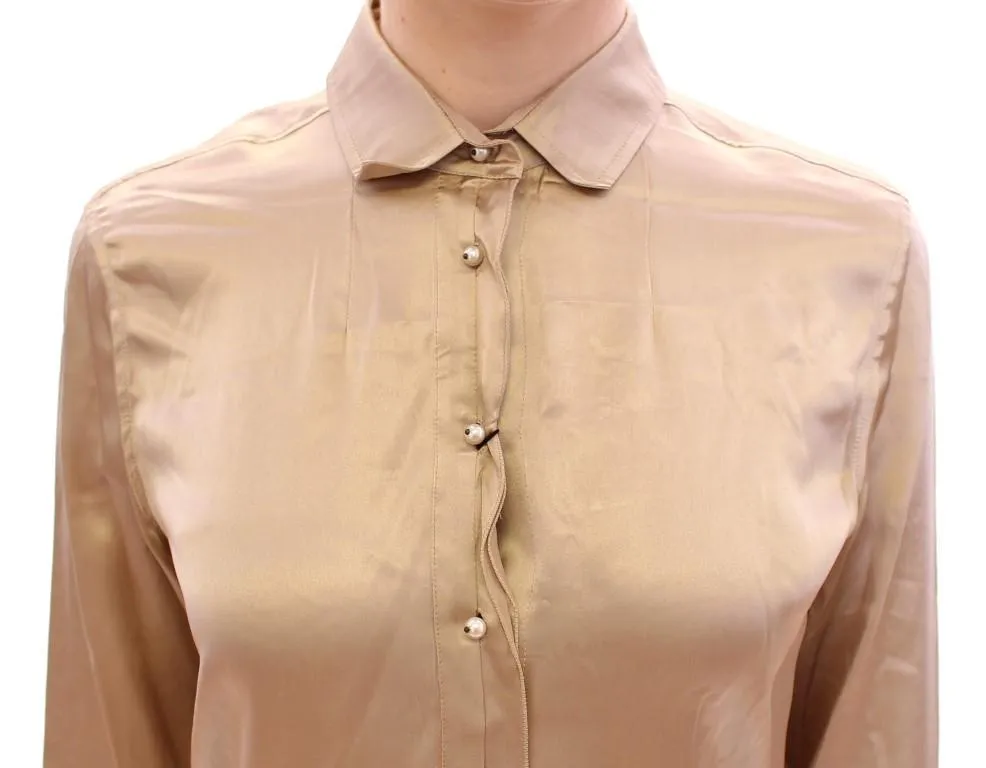 Beige silk pearl button shirt blouse