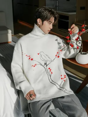 Bird Floral Design Turtleneck Knitwear