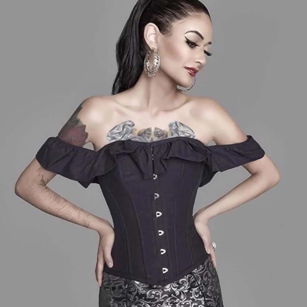 Black Cotton Straight Bustline Corset Top With Off The Shoulder Sleeves