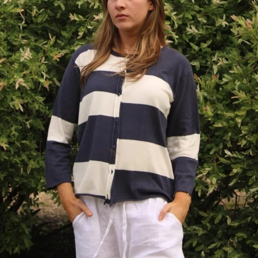 Block Stripe Cardigan - Blueberry/White