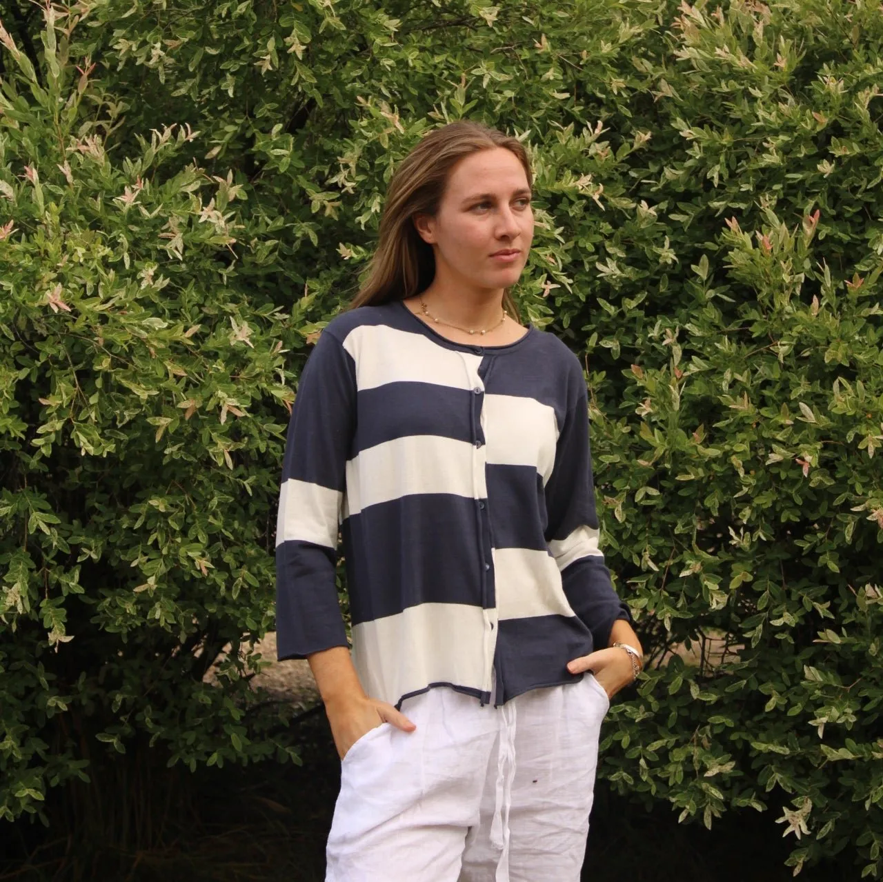 Block Stripe Cardigan - Blueberry/White