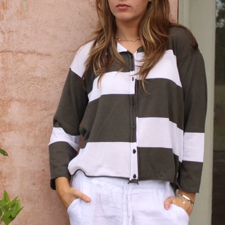 Block Stripe Cardigan - Olive/White